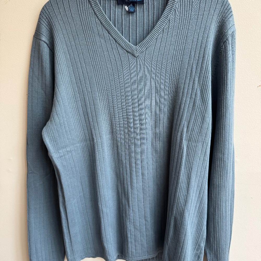 Material London Silk Sweater Blue Long Sleeve V Neck Men's M Ribbed Thick NWOT